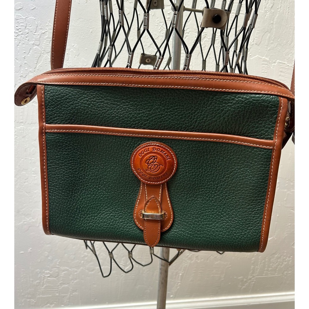 Oggi Domani Vintage Green Pebbled Leather Crossbody Bag Brown Trim Messenger